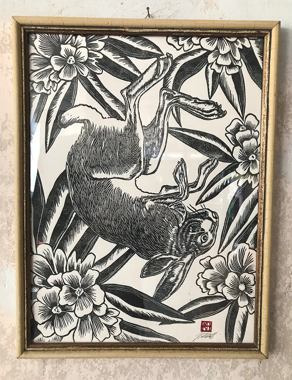 framed hare and floral details linoprint printed by Ronja Hollkott